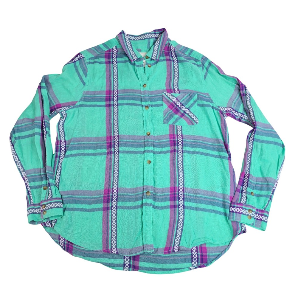 American Eagle Vintage Boyfriend Plaid Embroidered Shirt Green Purple Large